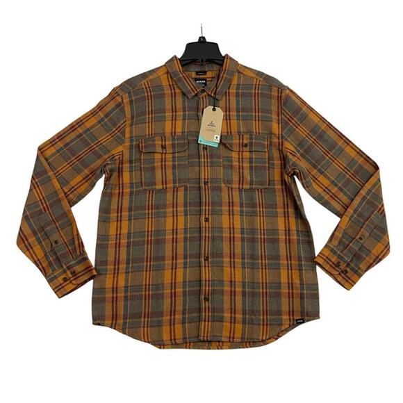 Prana Westbrook Flannel Shirt Mens L Standard Fit Button Up Blue Gray Plaid NEW - Picture 1 of 14